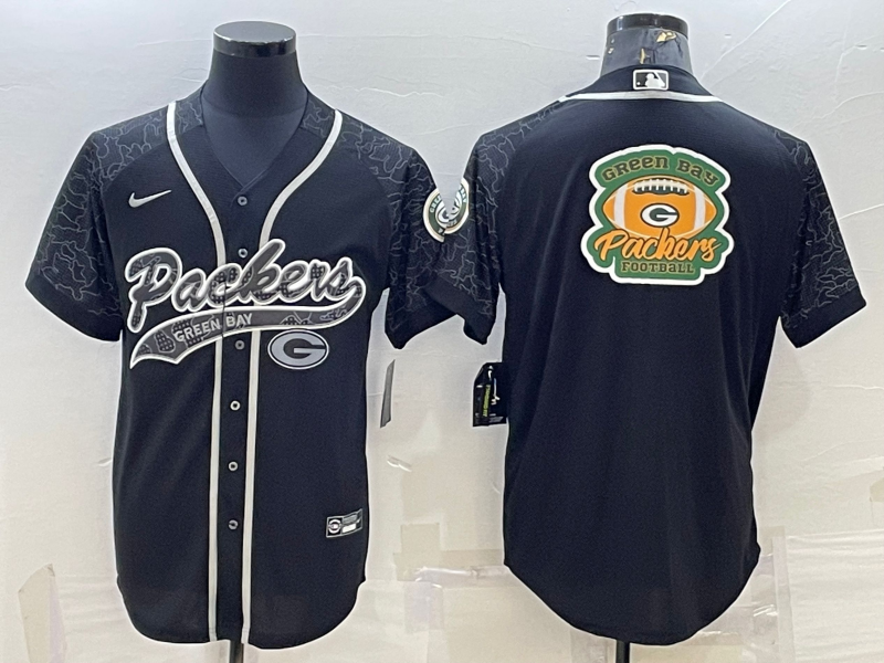 Men's Green Bay Packers Black Reflective Team Big Logo With Patch Cool Base Stitched Baseball Jersey Men's Green Bay Packers Black Reflective Team Big Logo With Patch Cool Base Stitched Baseball Jersey