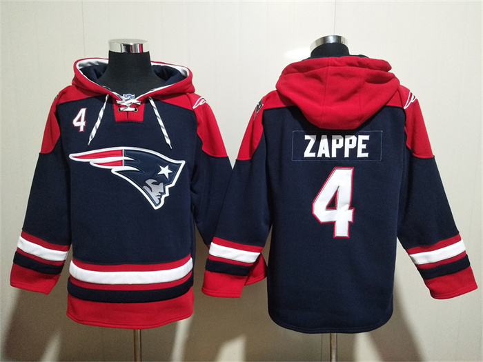 Men's New England Patriots #4 Bailey Zappe Navy Ageless Must-Have Lace-Up Pullover Hoodie Men's New England Patriots #4 Bailey Zappe Navy Ageless Must-Have Lace-Up Pullover Hoodie