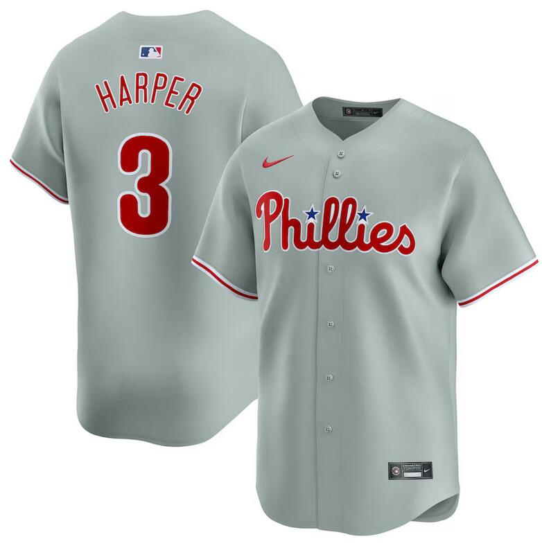 Men's Philadelphia Phillies #3 Bryce Harper Grey Away Limited Stitched Jersey Men's Philadelphia Phillies #3 Bryce Harper Grey Away Limited Stitched Jersey