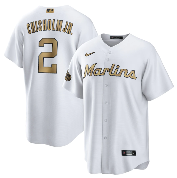 Men's Miami Marlins #2 Jazz Chisholm Jr. 2022 All-Star White Cool Base Stitched Baseball Jersey Men's Miami Marlins #2 Jazz Chisholm Jr. 2022 All-Star White Cool Base Stitched Baseball Jersey