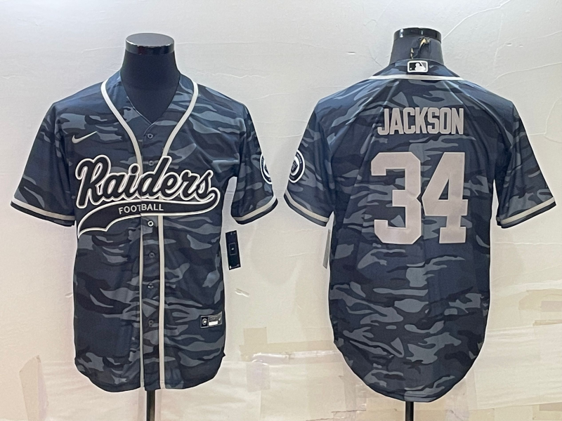 Men's Las Vegas Raiders #34 Bo Jackson Grey Camo With Patch Cool Base Stitched Baseball Jersey Men's Las Vegas Raiders #34 Bo Jackson Grey Camo With Patch Cool Base Stitched Baseball Jersey