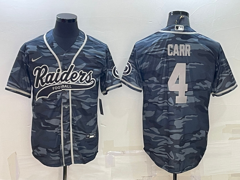 Men's Las Vegas Raiders #4 Derek Carr Grey Camo With Patch Cool Base Stitched Baseball Jersey Men's Las Vegas Raiders #4 Derek Carr Grey Camo With Patch Cool Base Stitched Baseball Jersey