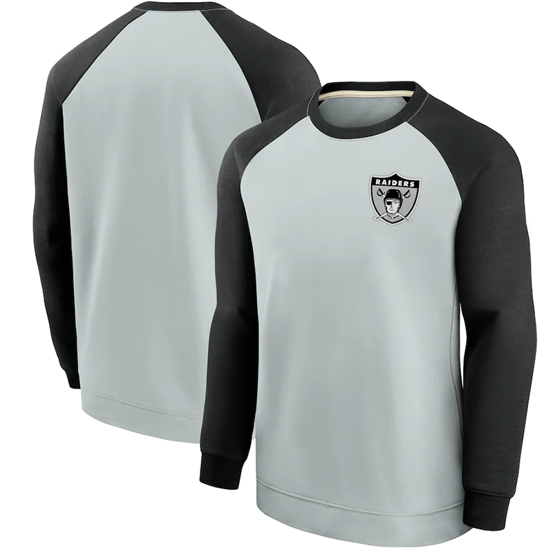 Men's Las Vegas Raiders Black/Grey Historic Raglan Crew Performance Sweater Men's Las Vegas Raiders Black/Grey Historic Raglan Crew Performance Sweater