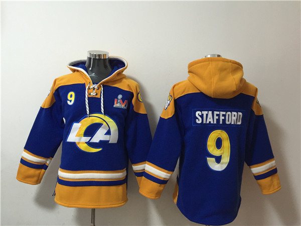 Men's Los Angeles Rams #9 Matthew Stafford 2022 Royal Super Bowl LVI Champions Pullover Hoodie Men's Los Angeles Rams #9 Matthew Stafford 2022 Royal Super Bowl LVI Champions Pullover Hoodie
