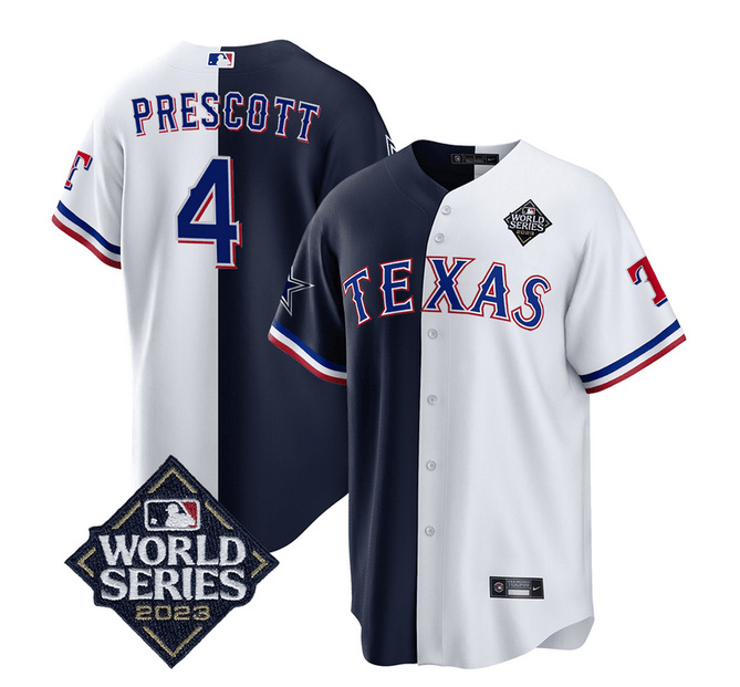 Men's Dallas Cowboys & Texas Rangers #4 Dak Prescott Navy/White Splite 2023 World Series Splite Stitched Baseball Jersey Men's Dallas Cowboys & Texas Rangers #4 Dak Prescott Navy/White Splite 2023 World Series Splite Stitched Baseball Jersey