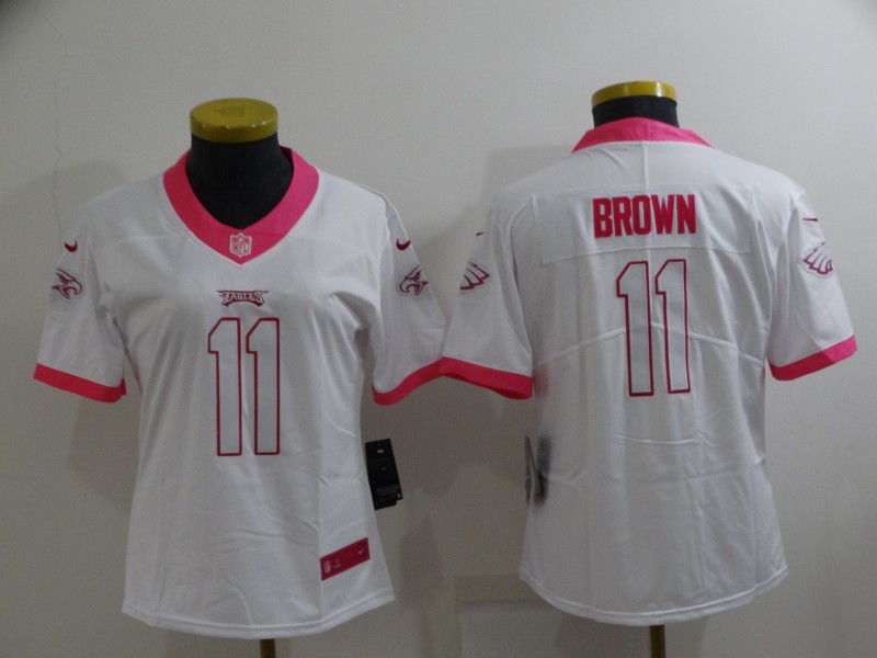 Women's Philadelphia Eagles #11 A. J. Brown Pink White Stitched Football Jersey(Run Small) Women's Philadelphia Eagles #11 A. J. Brown Pink White Stitched Football Jersey(Run Small)