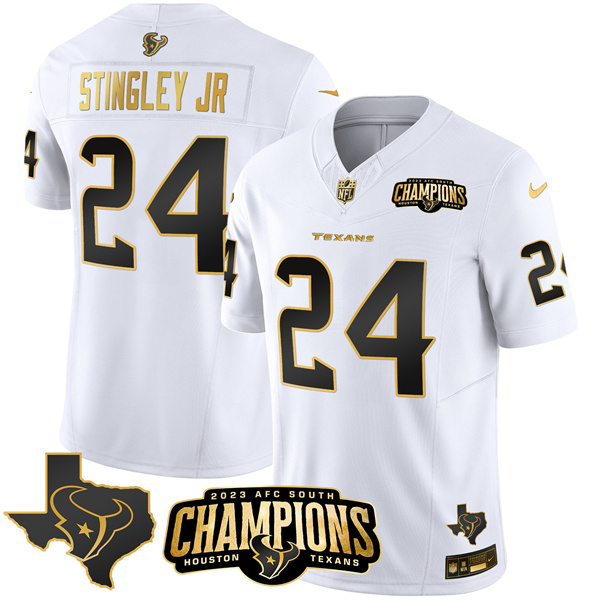Men's Houston Texans #24 Derek Stingley Jr. White Golden 2023 F.U.S.E. With AFC South Champions Patch And Team Logo Patch Limited Stitched Football Jersey Men's Houston Texans #24 Derek Stingley Jr. White Golden 2023 F.U.S.E. With AFC South Champions Patch And Team Logo Patch Limited Stitched Football Jersey