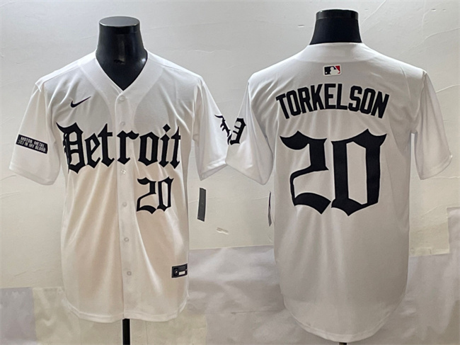 Men's Detroit Tigers #20 Spencer Torkelson White 'Motor Gothic Edition' Vapor Premier Limited Stitched Baseball Jersey Men's Detroit Tigers #20 Spencer Torkelson White 'Motor Gothic Edition' Vapor Premier Limited Stitched Baseball Jersey