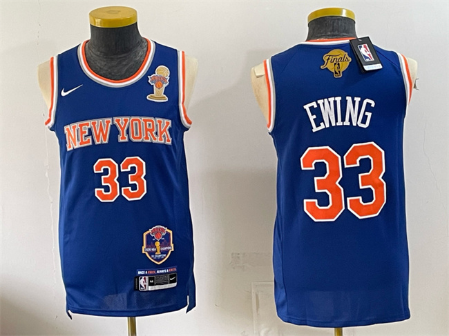 Men's New Yok Knicks #33 Patrick Ewing Blue 2026 Finals Champions Patch Stitched Jersey Men's New Yok Knicks #33 Patrick Ewing Blue 2026 Finals Champions Patch Stitched Jersey