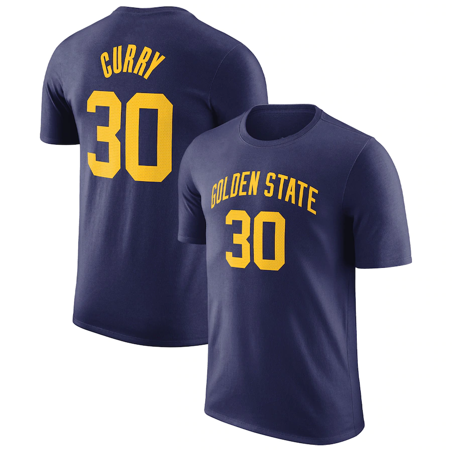 Men's Golden State Warriors #30 Stephen Curry Navy 2022/23 Statement Edition Name & Number T-Shirt Men's Golden State Warriors #30 Stephen Curry Navy 2022/23 Statement Edition Name & Number T-Shirt