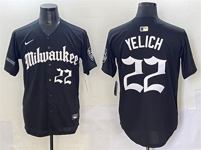 Men's Milwaukee Brewers #22 Christian Yelich Black 'Gothic 414 Shadows Edition' Vapor Premier Limited Stitched Jersey Men's Milwaukee Brewers #22 Christian Yelich Black 'Gothic 414 Shadows Edition' Vapor Premier Limited Stitched Jersey