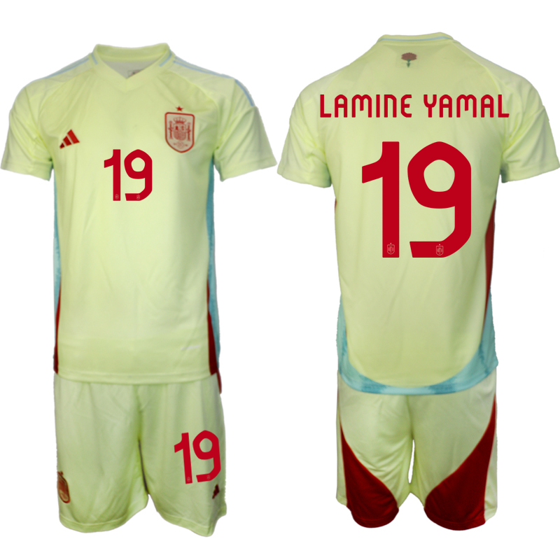 Men's Spain Team #19 LAMINE YAMAL 2024-25 Yellow Away Soccer Jersey Suit Men's Spain Team #19 LAMINE YAMAL 2024-25 Yellow Away Soccer Jersey Suit
