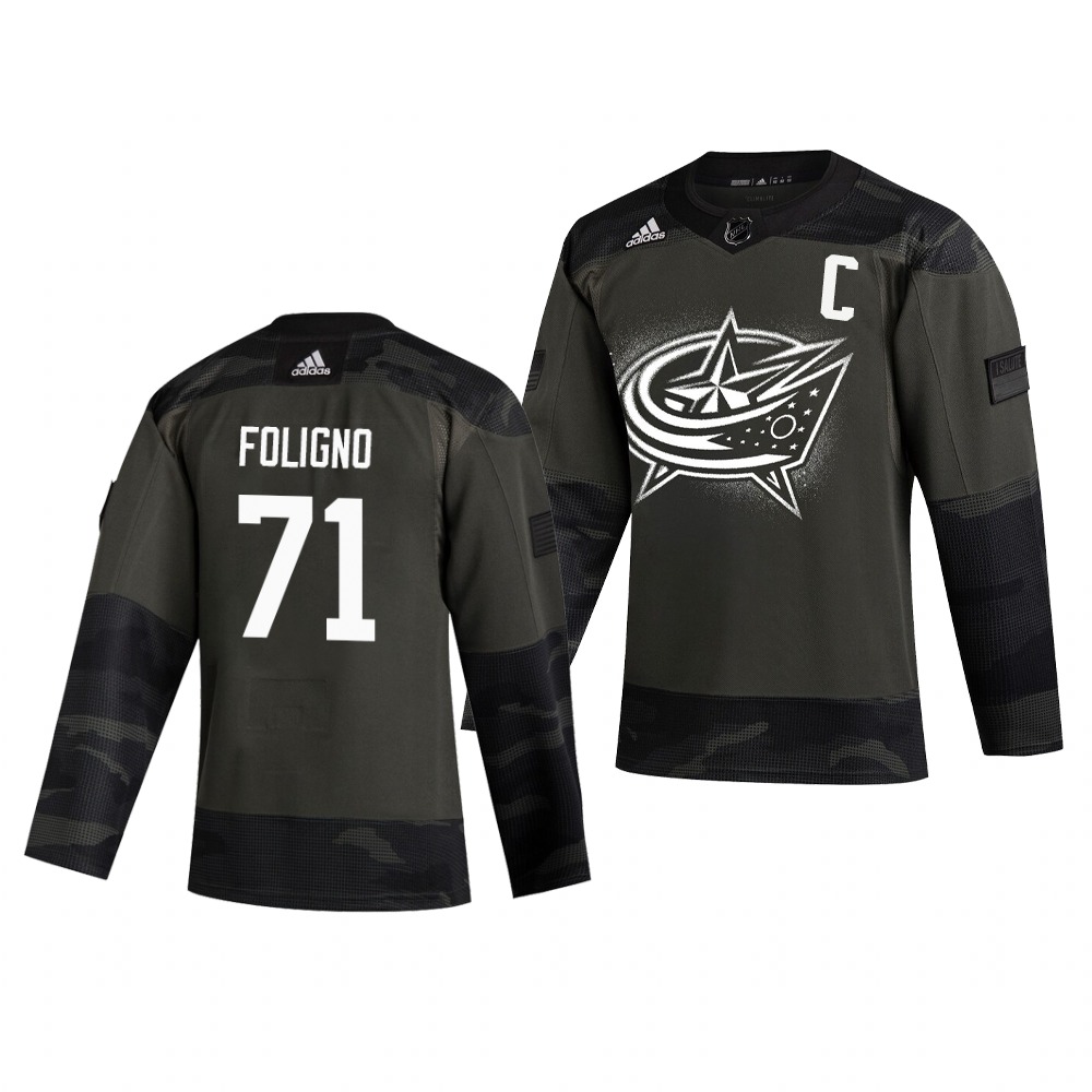 Columbus Blue Jackets #71 Nick Foligno Adidas 2019 Veterans Day Men's Authentic Practice NHL Jersey Camo Columbus Blue Jackets #71 Nick Foligno Adidas 2019 Veterans Day Men's Authentic Practice NHL Jersey Camo