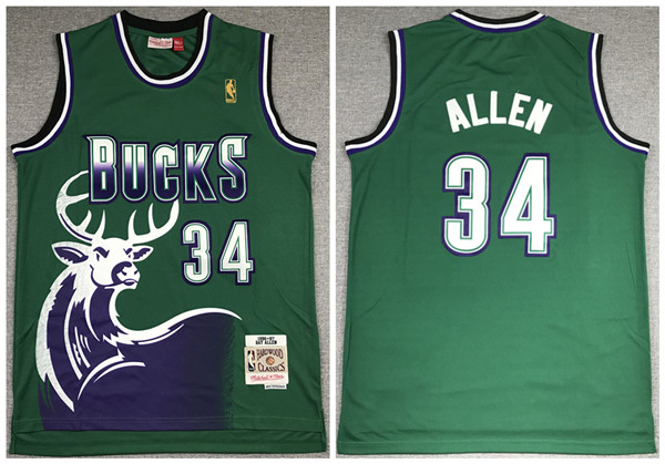 Men's Milwaukee Bucks #34 Ray Allen 1996-1997 Green NBA Throwback Stitched Jersey Men's Milwaukee Bucks #34 Ray Allen 1996-1997 Green NBA Throwback Stitched Jersey