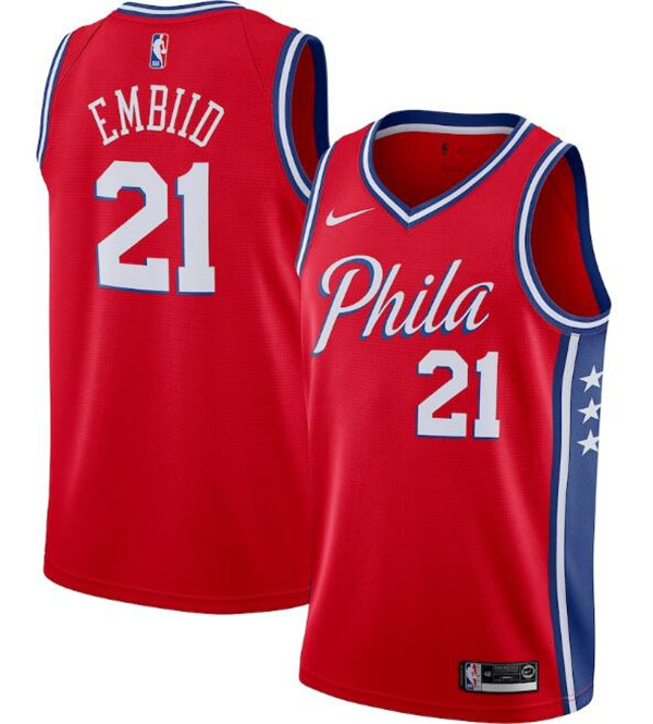 Men's Philadelphia 76ers #21 Joel Embiid Red NBA Statement Edition Stitched Swingman Jersey Men's Philadelphia 76ers #21 Joel Embiid Red NBA Statement Edition Stitched Swingman Jersey