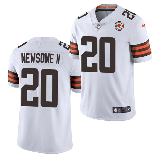 Men's Cleveland Browns #20 Greg Newsome II 2021 White NFL 75th Anniversary Vapor Untouchable Limited Stitched Jersey Men's Cleveland Browns #20 Greg Newsome II 2021 White NFL 75th Anniversary Vapor Untouchable Limited Stitched Jersey
