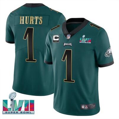 Men's Philadelphia Eagles #1 Jalen Hurts Green Golden Super Bowl LVII Patch And 2-Star C Patch Vapor Untouchable Limited Stitched Jersey