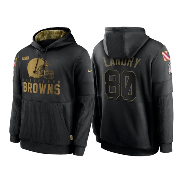 Men's Cleveland Browns Black #80 Jarvis Landry NFL 2020 Salute To Service Sideline Performance Pullover Hoodie