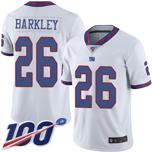Nike Giants #26 Saquon Barkley White Men's Stitched NFL Limited Rush 100th Season Jersey Nike Giants #26 Saquon Barkley White Men's Stitched NFL Limited Rush 100th Season Jersey