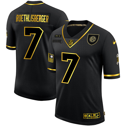 Men's Pittsburgh Steelers #7 Ben Roethlisberger 2020 Black/Gold Salute To Service Limited Stitched NFL Jersey Men's Pittsburgh Steelers #7 Ben Roethlisberger 2020 Black/Gold Salute To Service Limited Stitched NFL Jersey