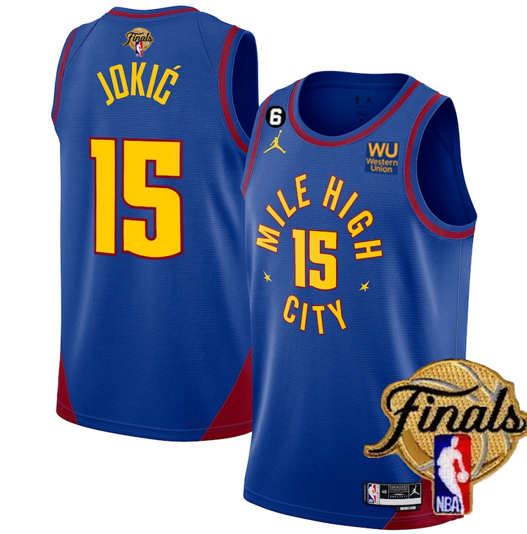 Men's Denver Nuggets #15 Nikola Jokic Blue 2023 Finals Statement Edition With NO.6 Patch Stitched Basketball Jersey Men's Denver Nuggets #15 Nikola Jokic Blue 2023 Finals Statement Edition With NO.6 Patch Stitched Basketball Jersey