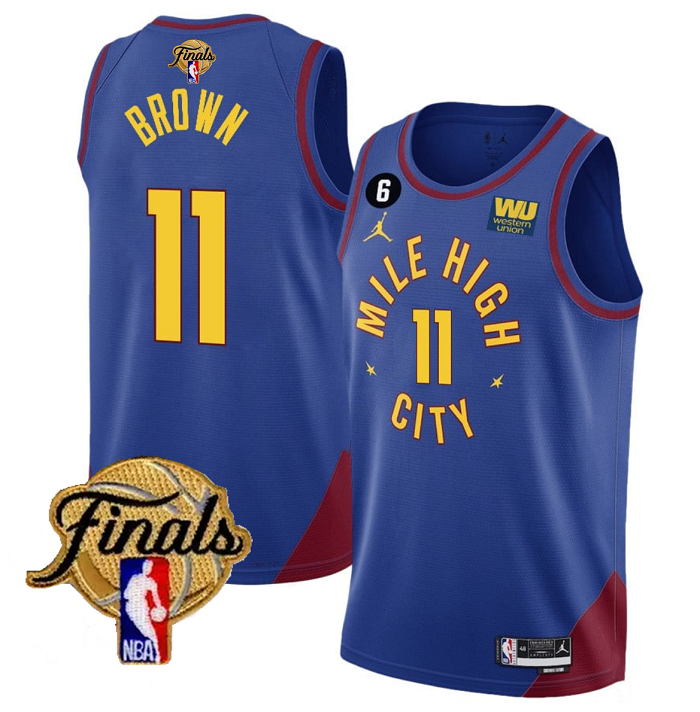 Men's Denver Nuggets #11 Bruce Brown Blue 2023 Finals Statement Edition With NO.6 Patch Stitched Basketball Jersey Men's Denver Nuggets #11 Bruce Brown Blue 2023 Finals Statement Edition With NO.6 Patch Stitched Basketball Jersey