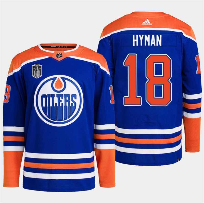Men's Edmonton Oilers #18 Zach Hyman Royal 2024 Stanley Cup Final Patch Stitched Jersey Men's Edmonton Oilers #18 Zach Hyman Royal 2024 Stanley Cup Final Patch Stitched Jersey