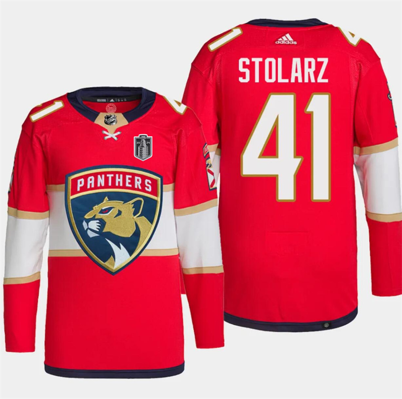 Men's Florida Panthers #41 Anthony Stolarz Red 2024 Stanley Cup Final Patch Stitched Jersey Men's Florida Panthers #41 Anthony Stolarz Red 2024 Stanley Cup Final Patch Stitched Jersey