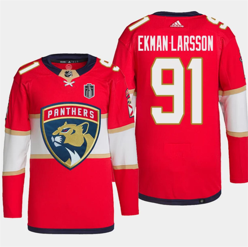 Men's Florida Panthers #91 Oliver Ekman-Larsson Red 2024 Stanley Cup Final Patch Stitched Jersey Men's Florida Panthers #91 Oliver Ekman-Larsson Red 2024 Stanley Cup Final Patch Stitched Jersey