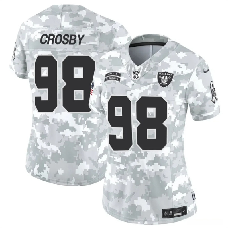 Women's Las Vegas Raiders #98 Maxx Crosby 2024 F.U.S.E Arctic Camo Salute to Service Limited Stitched Jersey(Run Small) Women's Las Vegas Raiders #98 Maxx Crosby 2024 F.U.S.E Arctic Camo Salute to Service Limited Stitched Jersey(Run Small)