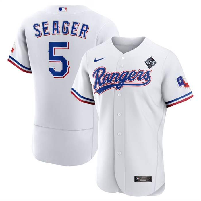 Men's Texas Rangers #5 Corey Seager White 2023 World Series Flex Base Stitched Baseball Jersey Men's Texas Rangers #5 Corey Seager White 2023 World Series Flex Base Stitched Baseball Jersey