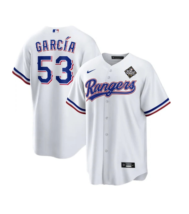 Youth Texas Rangers #53 Adolis García White 2023 World Series Stitched Baseball Jersey Youth Texas Rangers #53 Adolis García White 2023 World Series Stitched Baseball Jersey