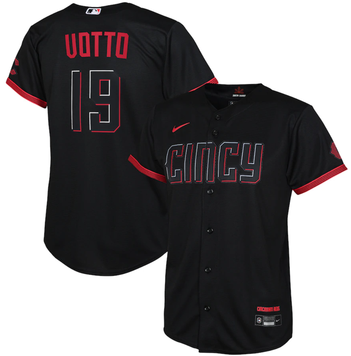 Youth Cincinnati Reds #19 Joey Votto Black 2023 City Connect Stitched Baseball Jersey Youth Cincinnati Reds #19 Joey Votto Black 2023 City Connect Stitched Baseball Jersey