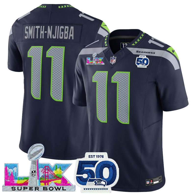 Youth Seattle Seahawks #11 Jaxon Smith-Njigba Navy 2025 F.U.S.E. Super Bowl LX Patch And 50th Season Patch Vapor Limited Stitched Football Jersey Youth Seattle Seahawks #11 Jaxon Smith-Njigba Navy 2025 F.U.S.E. Super Bowl LX Patch And 50th Season Patch Vapor Limited Stitched Football Jersey