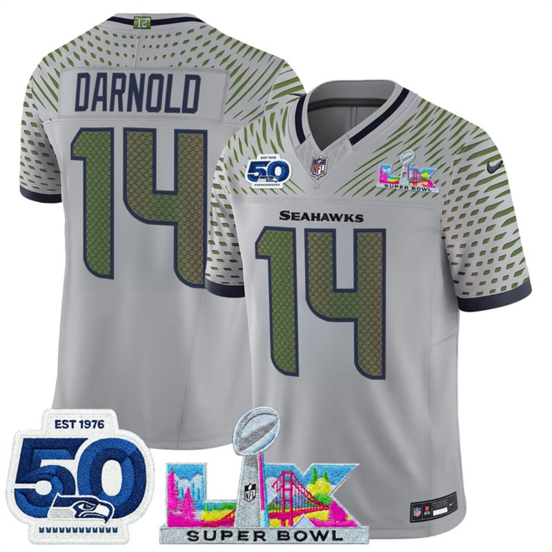 Youth Seattle Seahawks #14 Sam Darnold Gray 2025 F.U.S.E. Super Bowl LX & US 250th anniversary Patch And 50th Season Patch “Rivalries” Vapor Limited Stitched Football Jersey