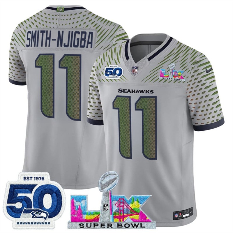 Women's Seattle Seahawks #11 Jaxon Smith-Njigba Grey 2025 F.U.S.E. Super Bowl LX Patch And 50th Season Patch “Rivalries” Vapor Limited Stitched Football Jersey(Run Small) Women's Seattle Seahawks #11 Jaxon Smith-Njigba Grey 2025 F.U.S.E. Super Bowl LX Patch And 50th Season Patch “Rivalries” Vapor Limited Stitched Football Jersey(Run Small)