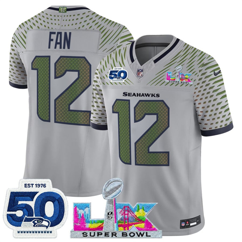 Youth Seattle Seahawks #12 Fan Grey 2025 F.U.S.E. Super Bowl LX Patch And 50th Season Patch “Rivalries” Vapor Limited Stitched Football Jersey Youth Seattle Seahawks #12 Fan Grey 2025 F.U.S.E. Super Bowl LX Patch And 50th Season Patch “Rivalries” Vapor Limited Stitched Football Jersey