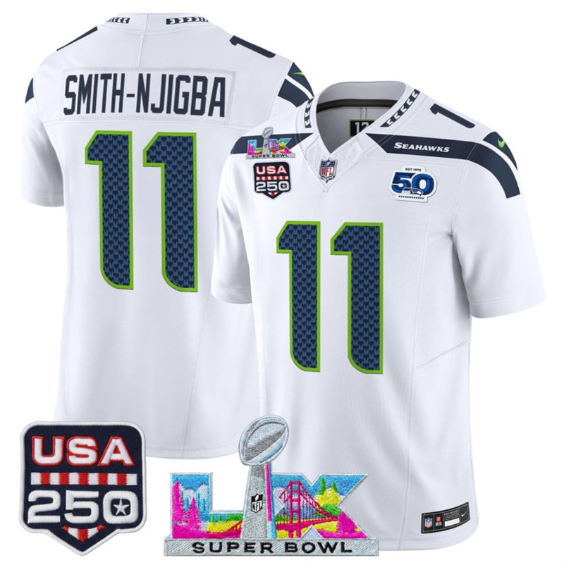 Youth Seattle Seahawks #11 Jaxon Smith-Njigba White 2025 F.U.S.E. Super Bowl LX Patch And 50th Season & USA 250' Patch Vapor Limited Stitched Football Jersey Youth Seattle Seahawks #11 Jaxon Smith-Njigba White 2025 F.U.S.E. Super Bowl LX Patch And 50th Season & USA 250' Patch Vapor Limited Stitched Football Jersey