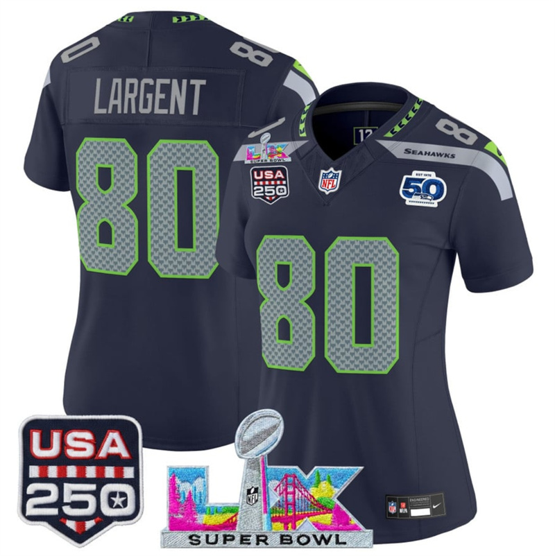 Women's Seattle Seahawks #80 Steve Largent Navy 2025 F.U.S.E. Super Bowl LX Patch And 50th Season & USA 250' Patch Vapor Limited Football Stitched Jersey(Run Sm