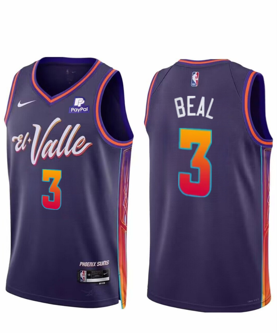 Men's Phoenix Suns #3 Bradley Beal Purple 2023/24 City Edition Stitched Basketball Jersey Men's Phoenix Suns #3 Bradley Beal Purple 2023/24 City Edition Stitched Basketball Jersey