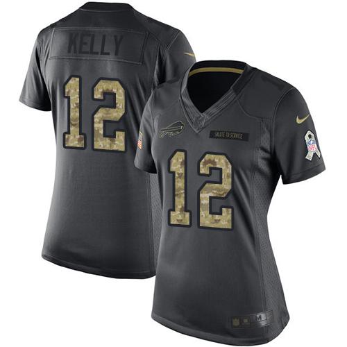 Nike Bills #12 Jim Kelly Black Women's Stitched NFL Limited 2016 Salute to Service Jersey Nike Bills #12 Jim Kelly Black Women's Stitched NFL Limited 2016 Salute to Service Jersey
