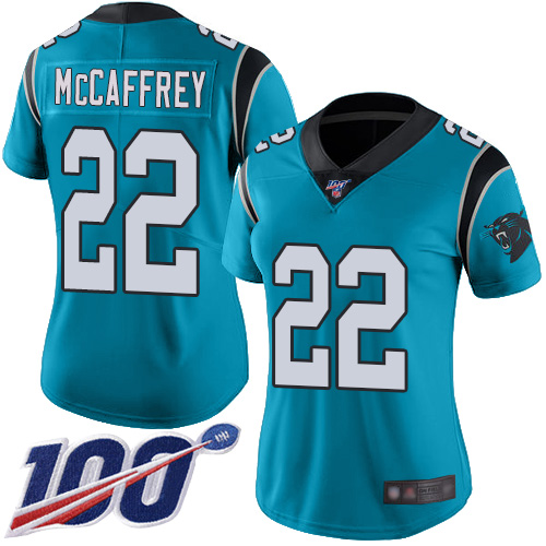 Nike Panthers #22 Christian McCaffrey Blue Alternate Women's Stitched NFL 100th Season Vapor Limited Jersey Nike Panthers #22 Christian McCaffrey Blue Alternate Women's Stitched NFL 100th Season Vapor Limited Jersey