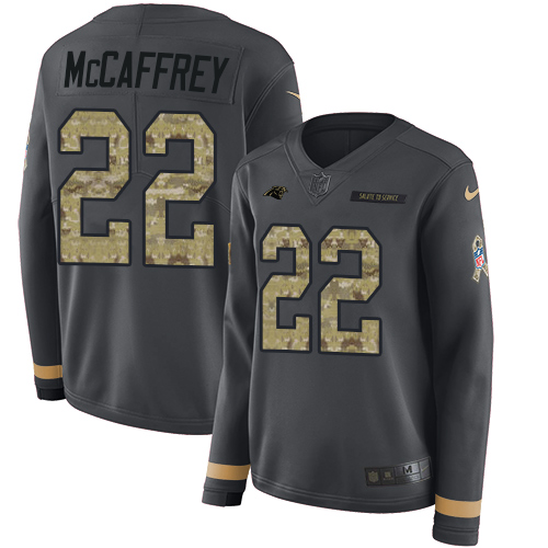 Nike Panthers #22 Christian McCaffrey Anthracite Salute to Service Women's Stitched NFL Limited Therma Long Sleeve Jersey Nike Panthers #22 Christian McCaffrey Anthracite Salute to Service Women's Stitched NFL Limited Therma Long Sleeve Jersey