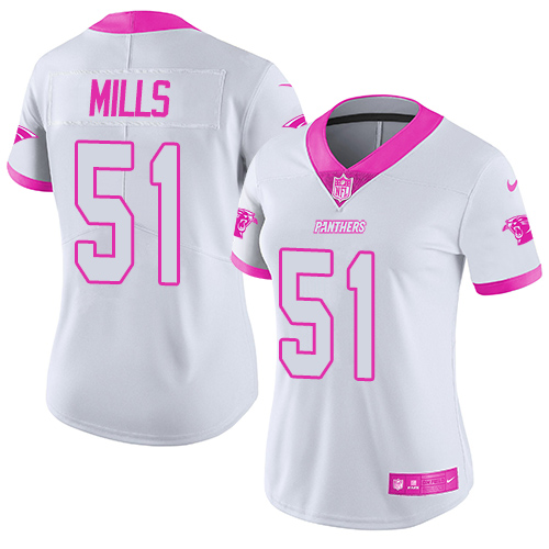 Nike Panthers #51 Sam Mills White/Pink Women's Stitched NFL Limited Rush Fashion Jersey Nike Panthers #51 Sam Mills White/Pink Women's Stitched NFL Limited Rush Fashion Jersey