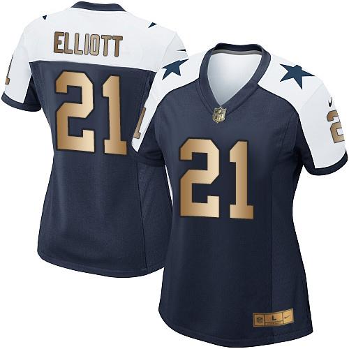 Nike Cowboys #21 Ezekiel Elliott Navy Blue Thanksgiving Throwback Women's Stitched NFL Elite Gold Jersey Nike Cowboys #21 Ezekiel Elliott Navy Blue Thanksgiving Throwback Women's Stitched NFL Elite Gold Jersey