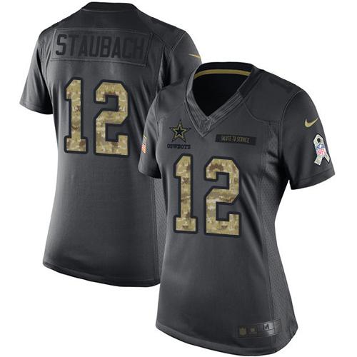 Nike Cowboys #12 Roger Staubach Black Women's Stitched NFL Limited 2016 Salute to Service Jersey Nike Cowboys #12 Roger Staubach Black Women's Stitched NFL Limited 2016 Salute to Service Jersey