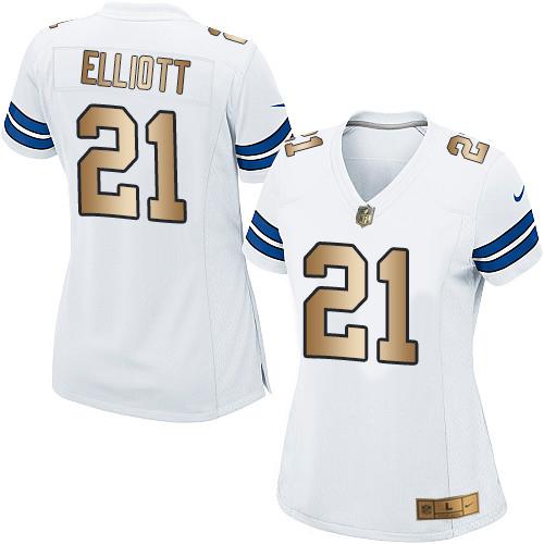 Nike Cowboys #21 Ezekiel Elliott White Women's Stitched NFL Elite Gold Jersey Nike Cowboys #21 Ezekiel Elliott White Women's Stitched NFL Elite Gold Jersey