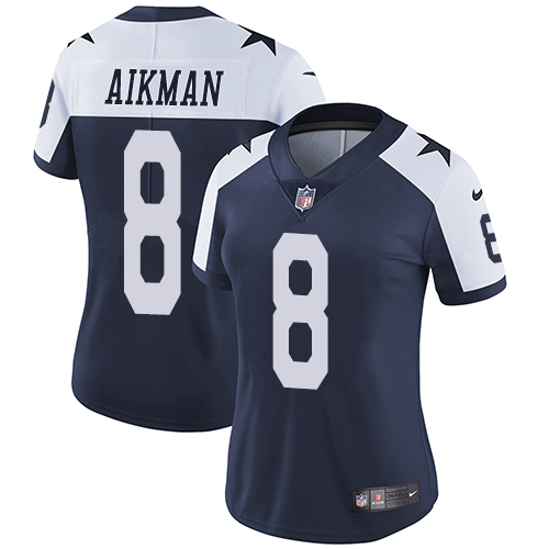 Nike Cowboys #8 Troy Aikman Navy Blue Thanksgiving Women's Stitched NFL Vapor Untouchable Limited Throwback Jersey Nike Cowboys #8 Troy Aikman Navy Blue Thanksgiving Women's Stitched NFL Vapor Untouchable Limited Throwback Jersey