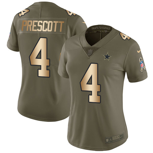 Nike Cowboys #4 Dak Prescott Olive/Gold Women's Stitched NFL Limited 2017 Salute to Service Jersey Nike Cowboys #4 Dak Prescott Olive/Gold Women's Stitched NFL Limited 2017 Salute to Service Jersey