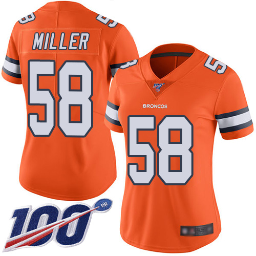 Nike Broncos #58 Von Miller Orange Women's Stitched NFL Limited Rush 100th Season Jersey Nike Broncos #58 Von Miller Orange Women's Stitched NFL Limited Rush 100th Season Jersey